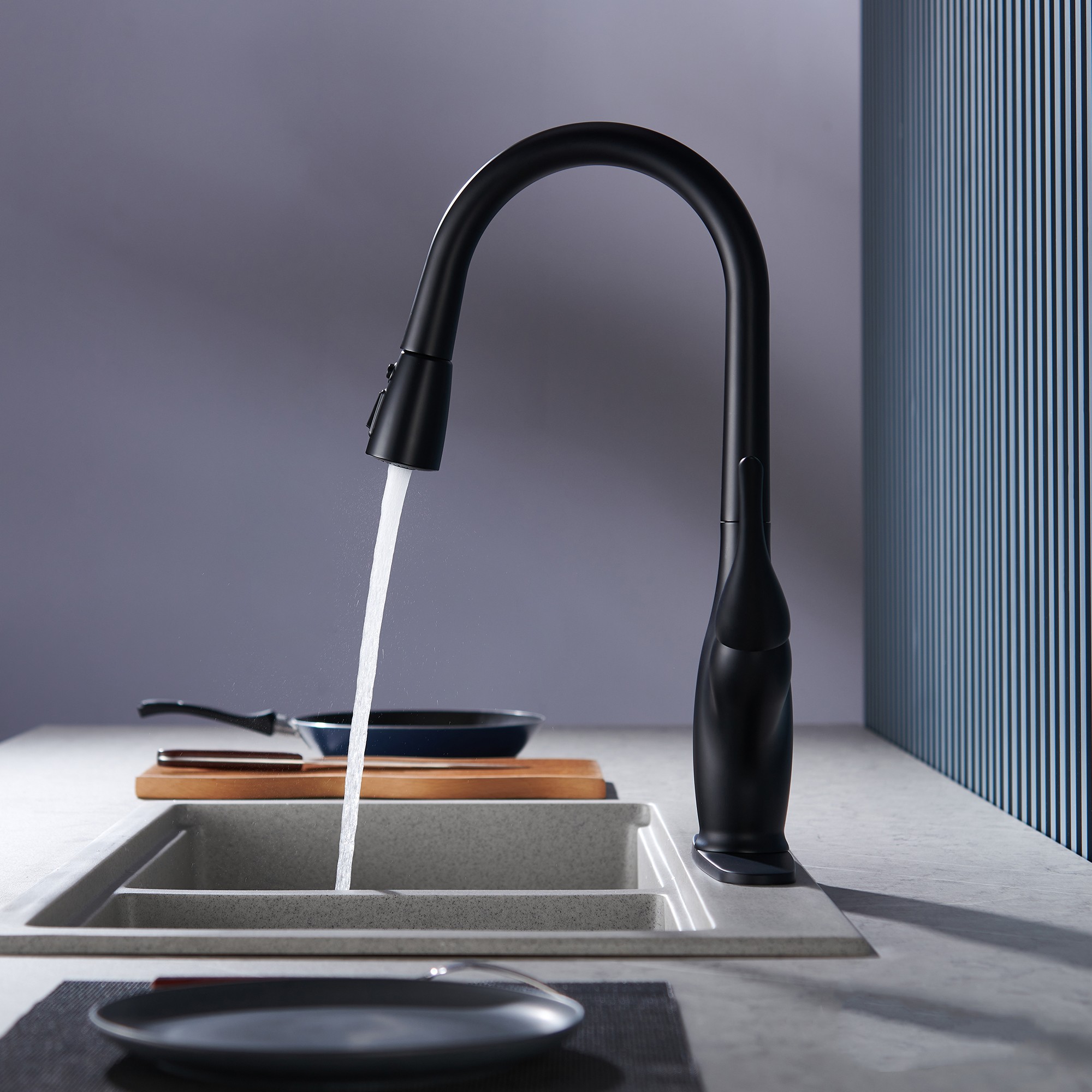 Tulip High Arc Pull Down Single Handle Deck Mount Kitchen Faucet in Matte Black