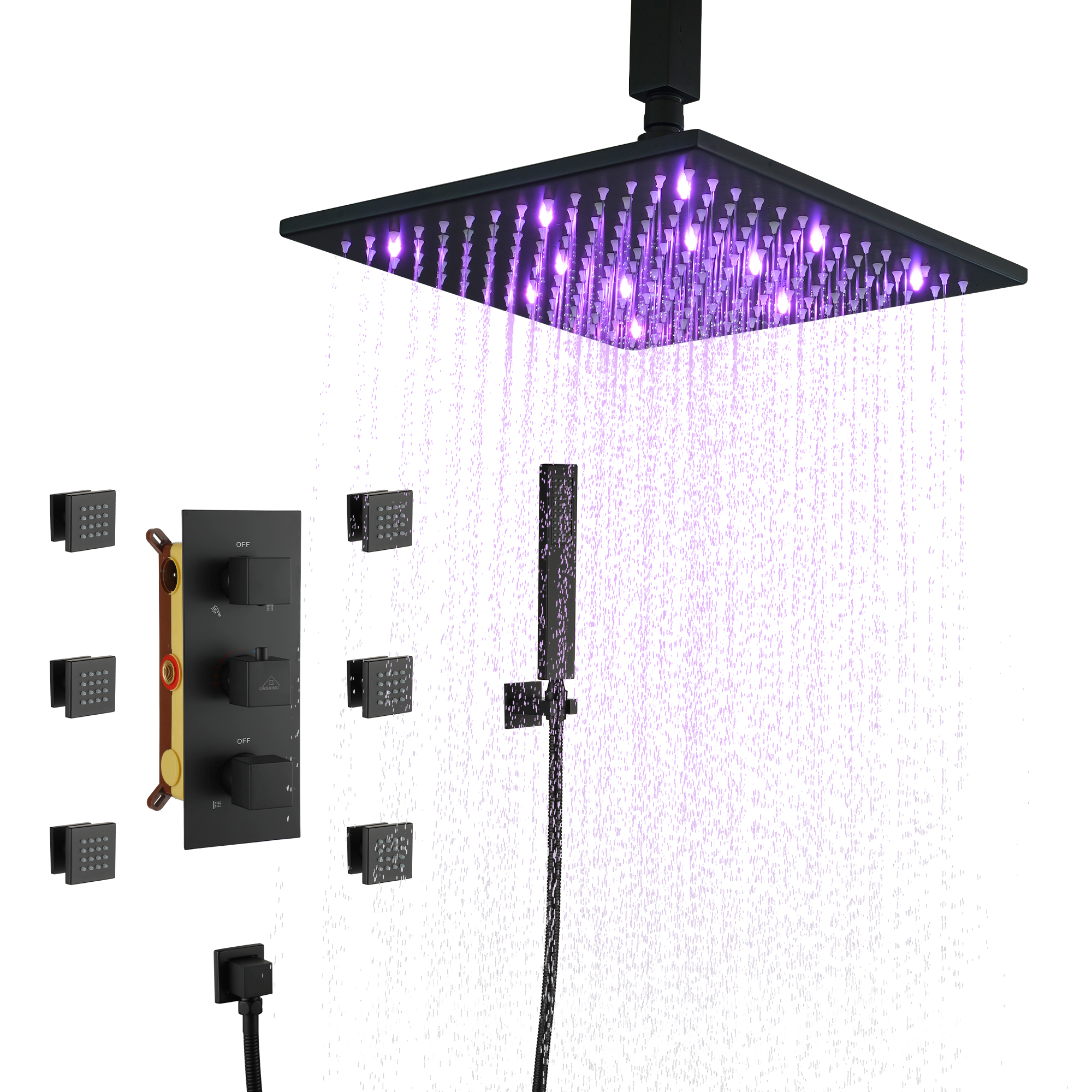 12" Ceiling Mount Luxury Shower System with LED Light & 6 Body Jets