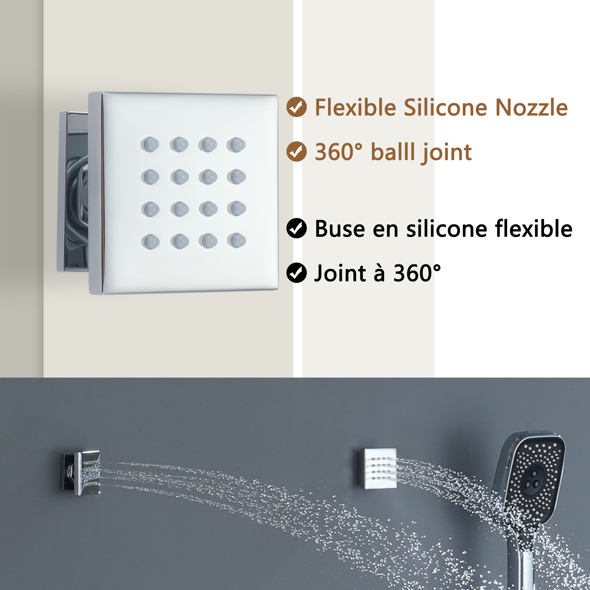 22" Wall Mounted Thermostatic Rain Shower Head System With 6 Body Jets