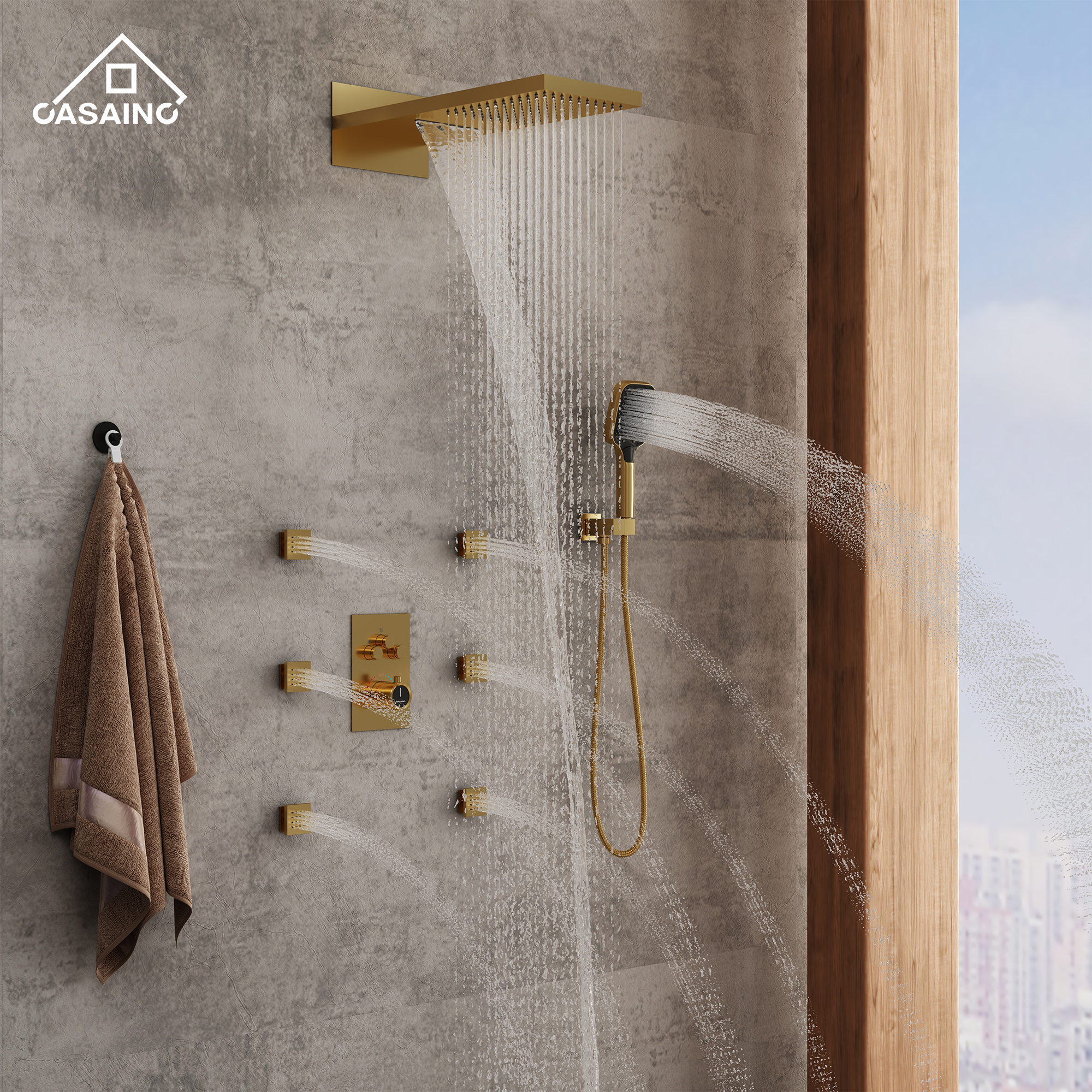 22" Wall Mounted Thermostatic Rain Shower Head System With 6 Body Jets