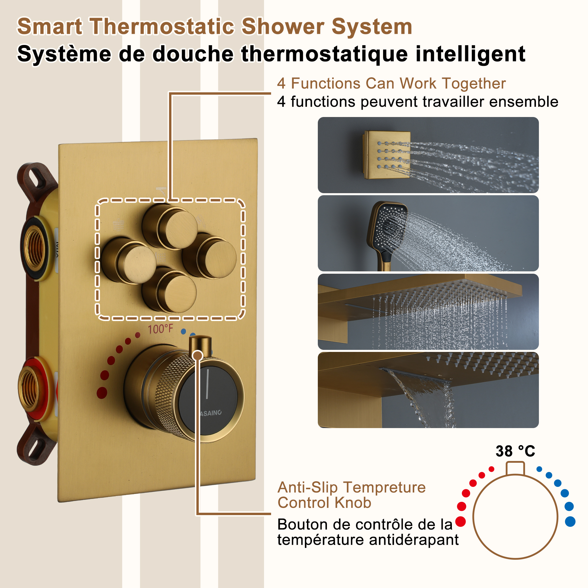 22" Wall Mounted Thermostatic Rain Shower Head System With 6 Body Jets