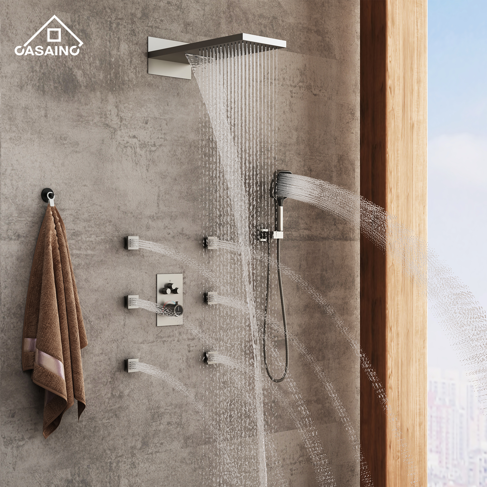 22" Wall Mounted Thermostatic Rain Shower Head System With 6 Body Jets