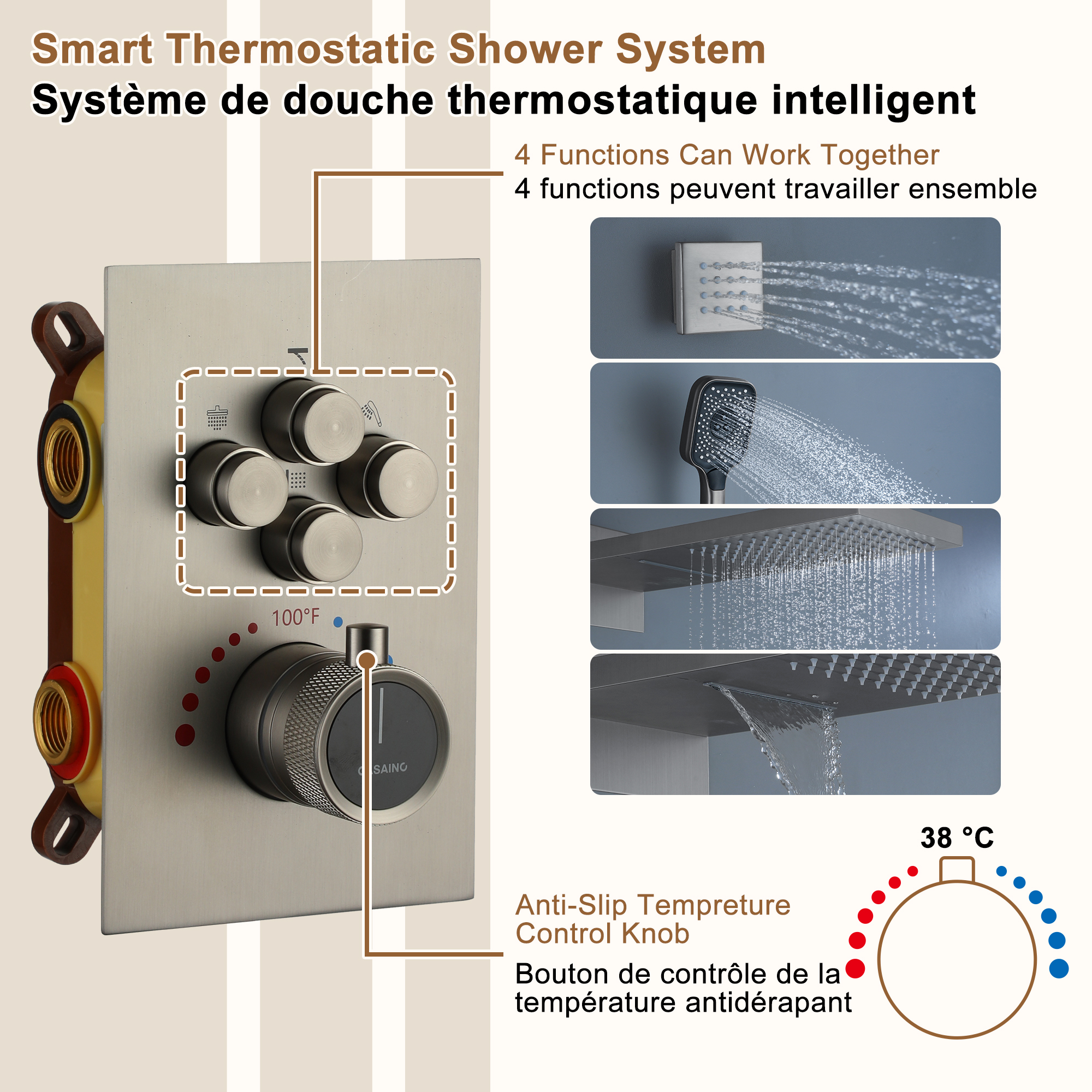 22" Wall Mounted Thermostatic Rain Shower Head System With 6 Body Jets