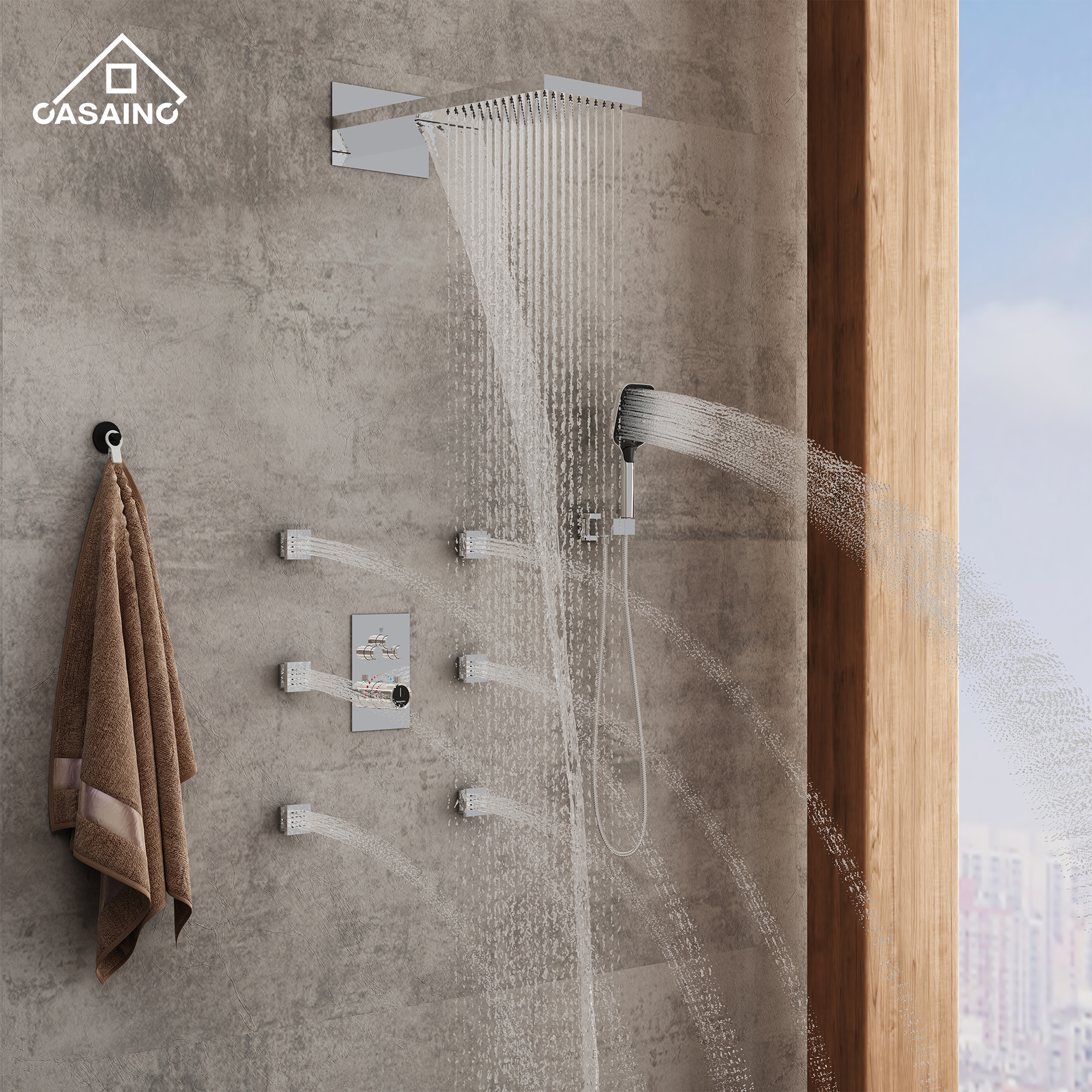 22" Wall Mounted Thermostatic Rain Shower Head System With 6 Body Jets