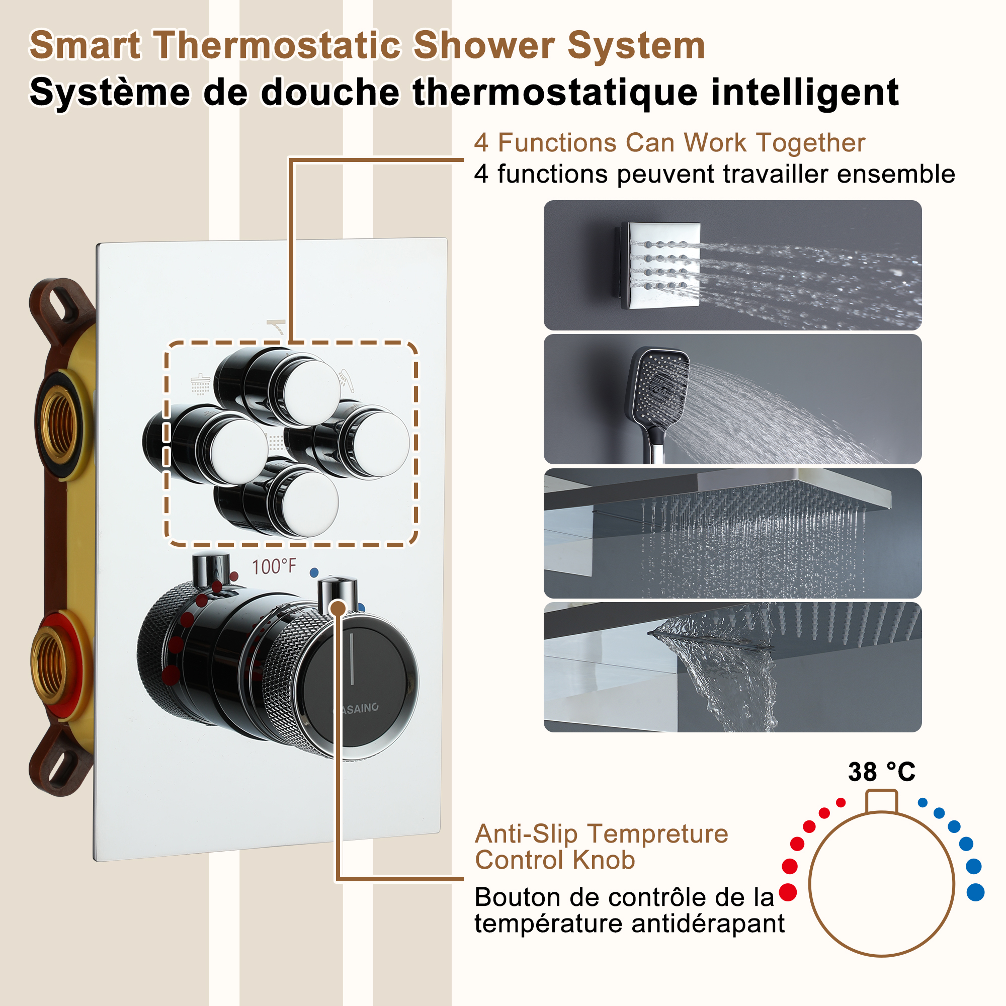 22" Wall Mounted Thermostatic Rain Shower Head System With 6 Body Jets