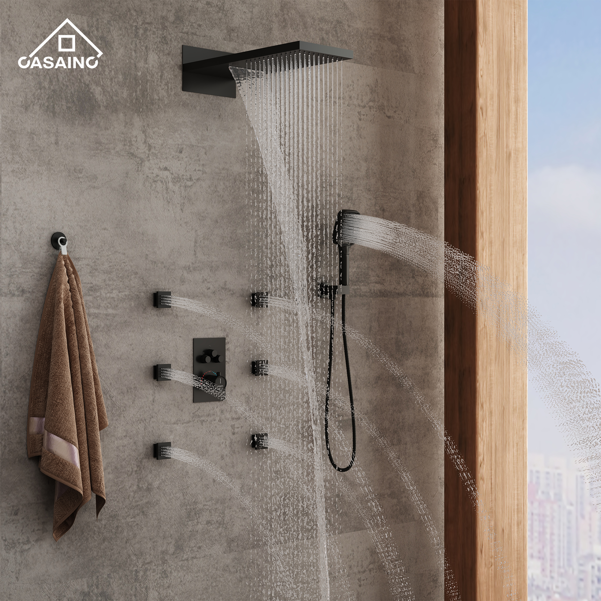 22" Wall Mounted Thermostatic Rain Shower Head System With 6 Body Jets