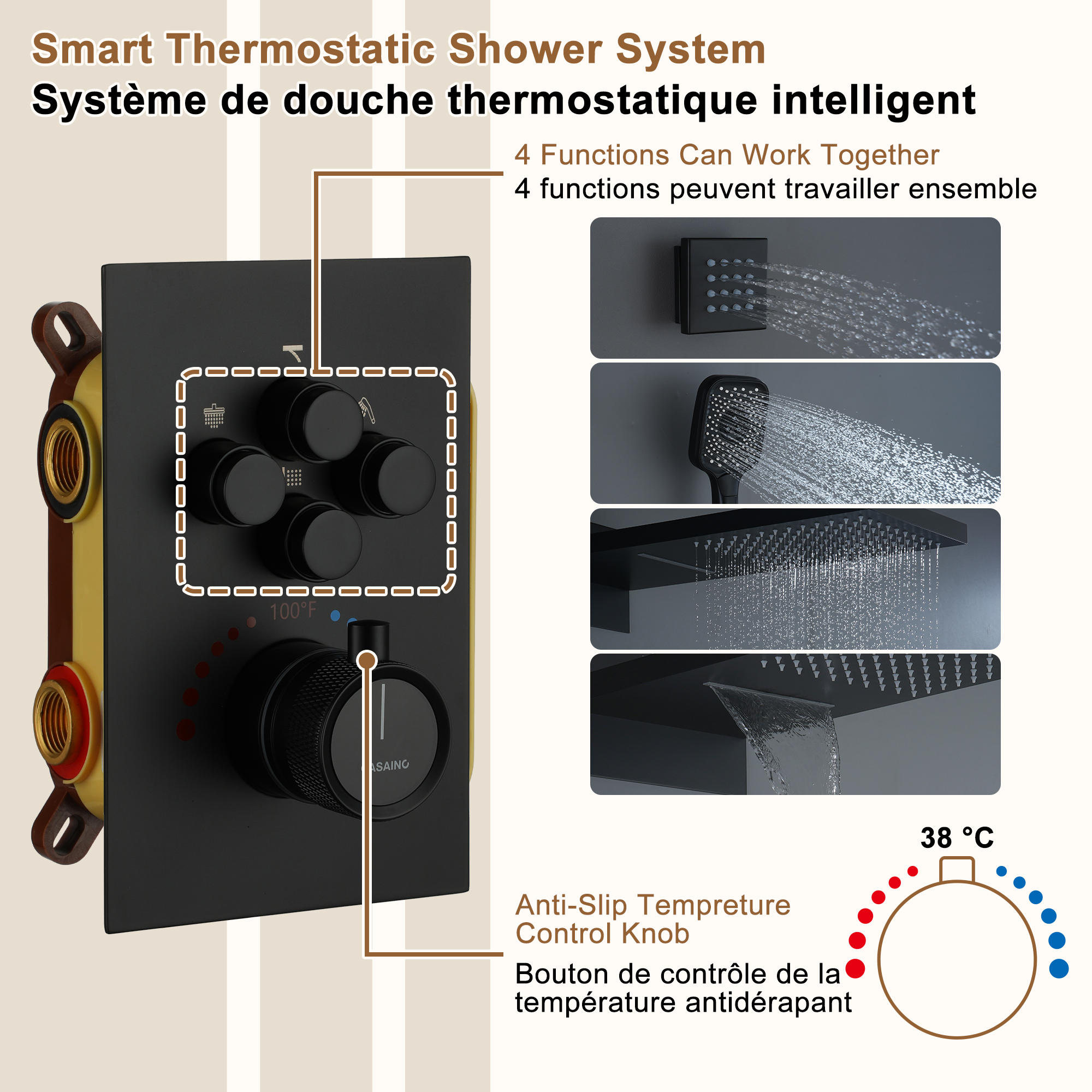 22" Wall Mounted Thermostatic Rain Shower Head System With 6 Body Jets