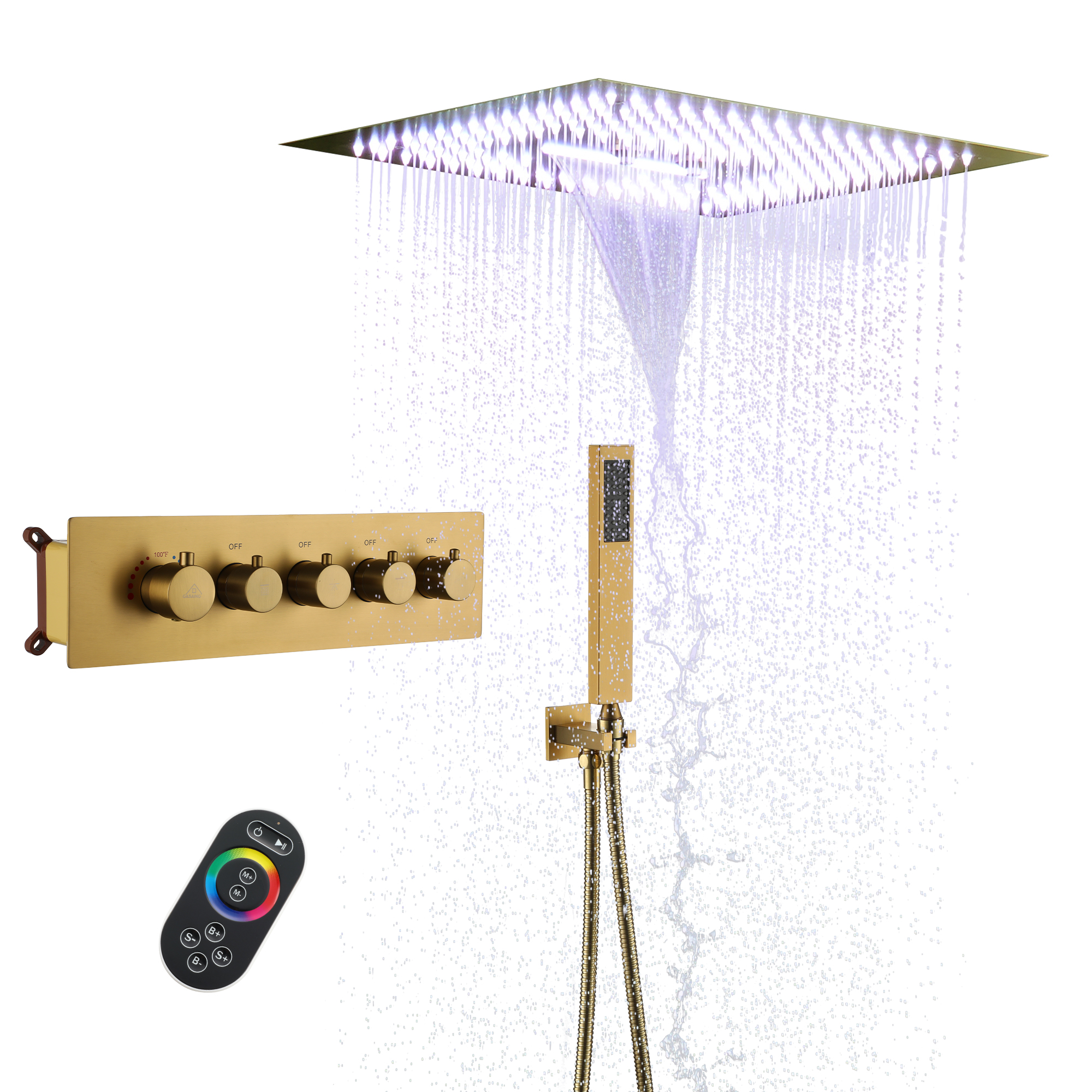 Luxury 4 Functions (Rainfall, Waterfall, Misty, Handheld) Shower System,16 Inch Thermostatic Rain Shower Set with Multi-Function Remote Control 64 Color Lights