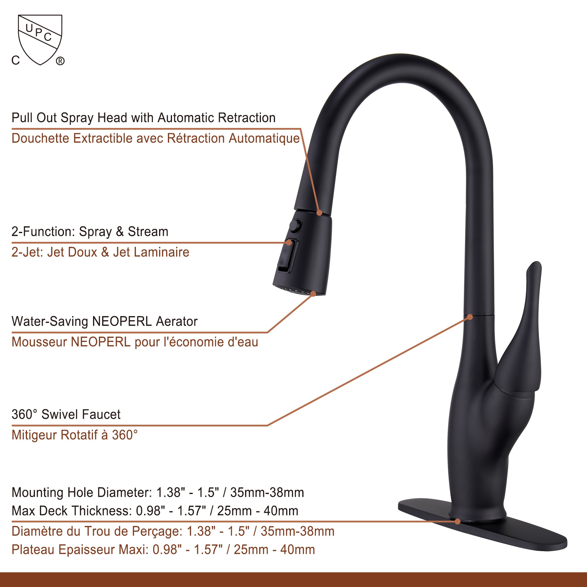 Tulip High Arc Pull Down Single Handle Deck Mount Kitchen Faucet in Matte Black