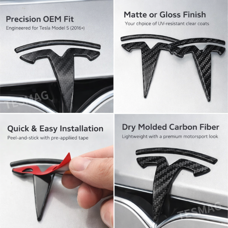 Front T Logo Overlay Carbon Fiber Molded for Tesla Model S 2016-2025