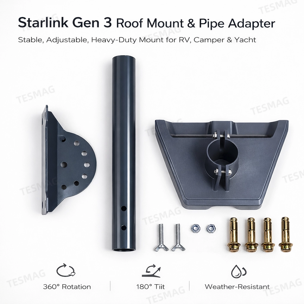 Starlink Gen 3 Roof Mount & Pipe Adapter for RV, Camper, Yacht – Adjustable Pivot Bracket