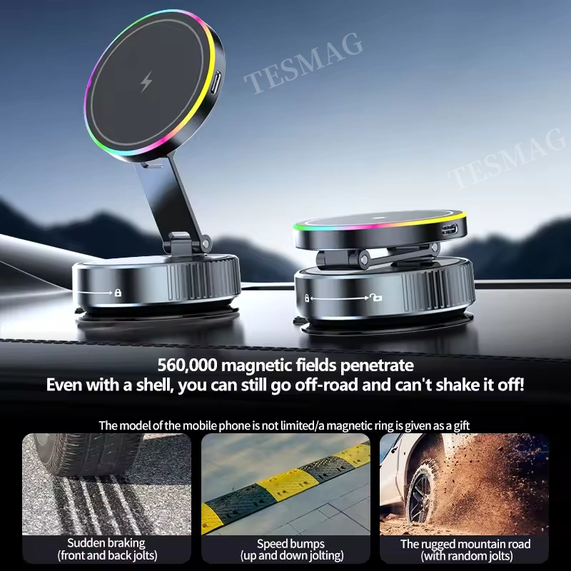 15W Wireless Charger Magnetic Car Holder 360° Adjustable Metal Holder with RGB Ambient Lighting for Tesla Model 3 Y Juniper& Y/S/X/Cybertruck