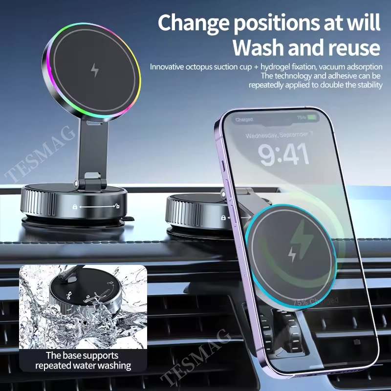 15W Wireless Charger Magnetic Car Holder 360° Adjustable Metal Holder with RGB Ambient Lighting for Tesla Model 3 Y Juniper& Y/S/X/Cybertruck