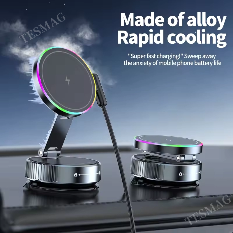 15W Wireless Charger Magnetic Car Holder 360° Adjustable Metal Holder with RGB Ambient Lighting for Tesla Model 3 Y Juniper& Y/S/X/Cybertruck