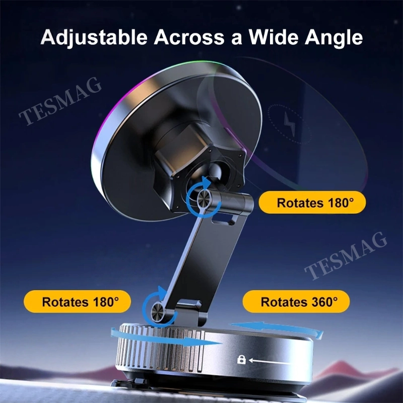 15W Wireless Charger Magnetic Car Holder 360° Adjustable Metal Holder with RGB Ambient Lighting for Tesla Model 3 Y Juniper& Y/S/X/Cybertruck