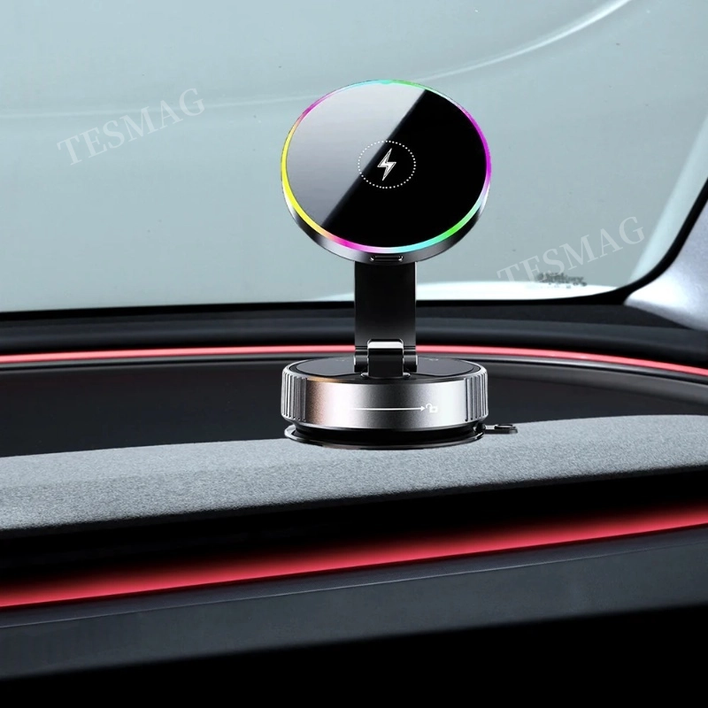 15W Wireless Charger Magnetic Car Holder 360° Adjustable Metal Holder with RGB Ambient Lighting for Tesla Model 3 Y Juniper& Y/S/X/Cybertruck