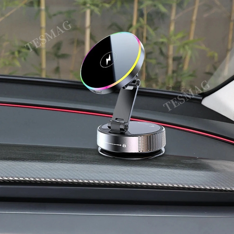 15W Wireless Charger Magnetic Car Holder 360° Adjustable Metal Holder with RGB Ambient Lighting for Tesla Model 3 Y Juniper& Y/S/X/Cybertruck