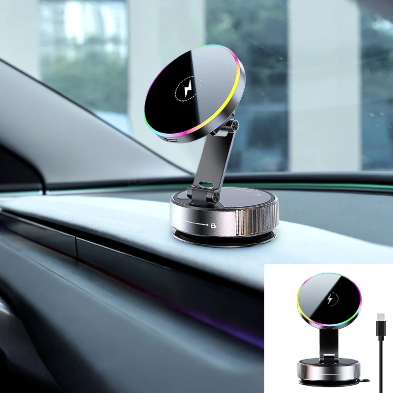 15W Wireless Charger Magnetic Car Holder 360° Adjustable Metal Holder with RGB Ambient Lighting for Tesla Model 3 Y Juniper& Y/S/X/Cybertruck