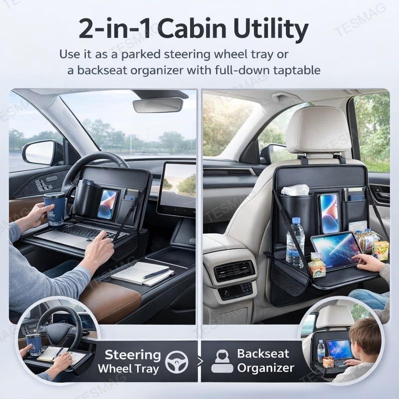 Tesla 2-in-1 Foldable Steering Wheel & Backseat Tray Organizer | Multi-Use Car Table