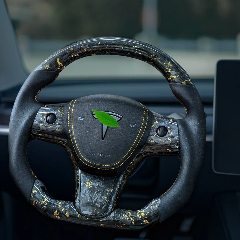 Tesla Model 3/Y 24 Karat Steering Wheel - Forged Carbon with Gold Flakes and Alcantara