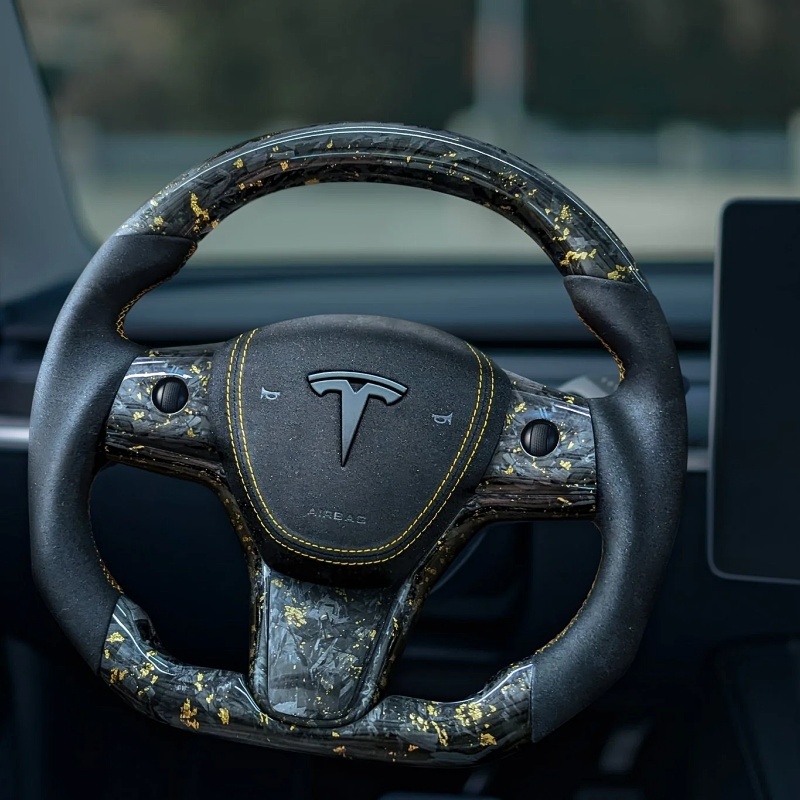 2021-2024 Tesla Model 3/Y 24 Karat Steering Wheel - Forged Carbon with Gold Flakes and Alcantara