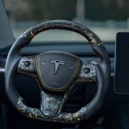 2021-2024 Tesla Model 3/Y 24 Karat Steering Wheel - Forged Carbon with Gold Flakes and Alcantara