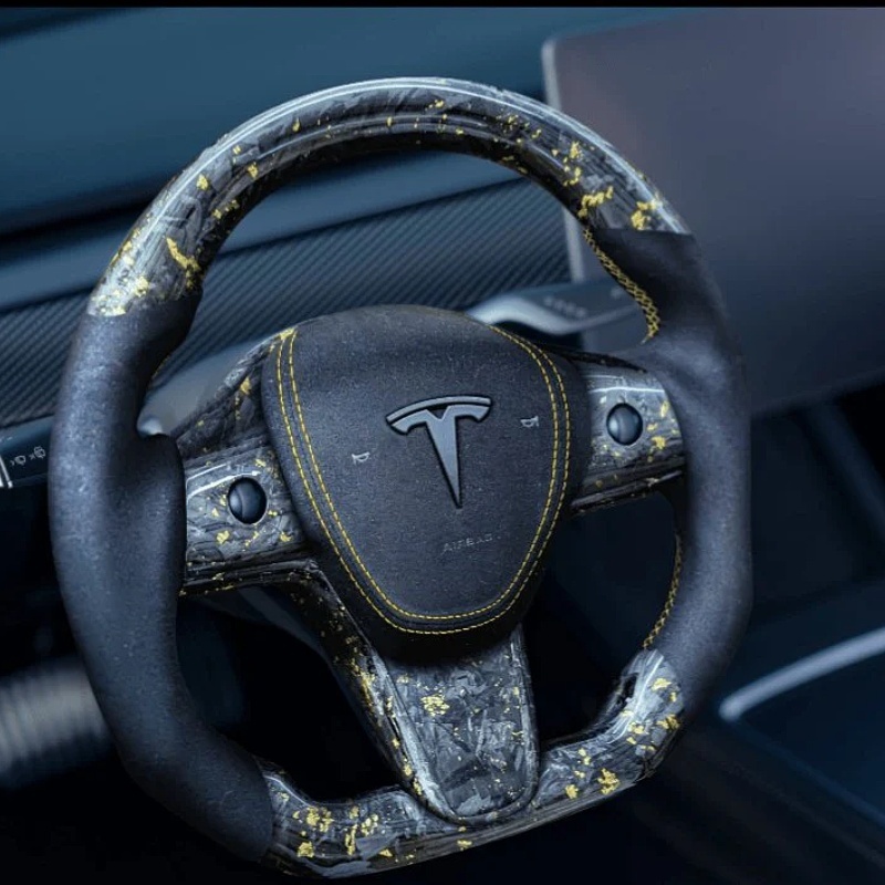 2021-2024 Tesla Model 3/Y 24 Karat Steering Wheel - Forged Carbon with Gold Flakes and Alcantara