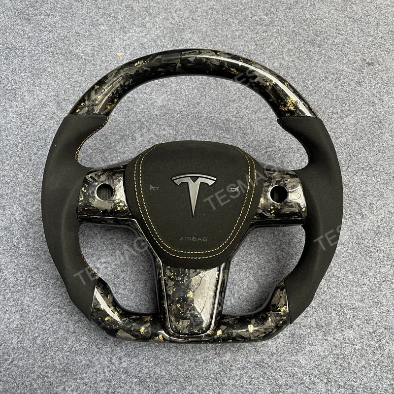 2021-2024 Tesla Model 3/Y 24 Karat Steering Wheel - Forged Carbon with Gold Flakes and Alcantara