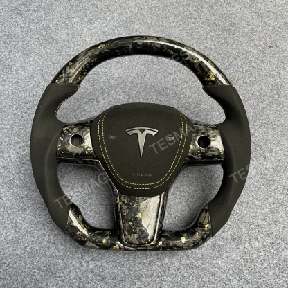 2021-2024 Tesla Model 3/Y 24 Karat Steering Wheel - Forged Carbon with Gold Flakes and Alcantara