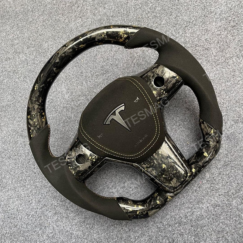 2021-2024 Tesla Model 3/Y 24 Karat Steering Wheel - Forged Carbon with Gold Flakes and Alcantara