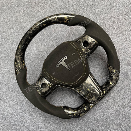 2021-2024 Tesla Model 3/Y 24 Karat Steering Wheel - Forged Carbon with Gold Flakes and Alcantara