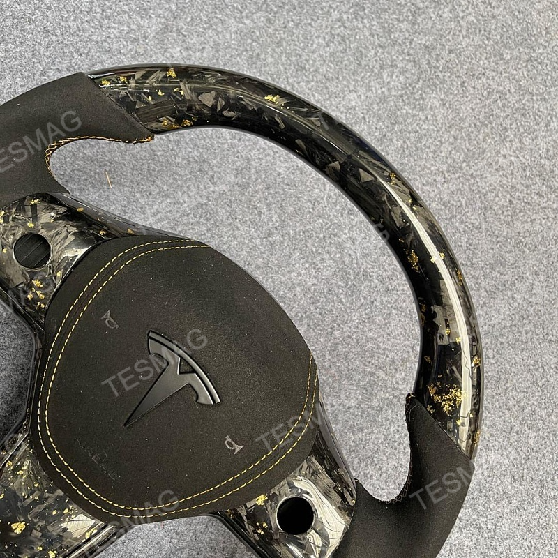 2021-2024 Tesla Model 3/Y 24 Karat Steering Wheel - Forged Carbon with Gold Flakes and Alcantara