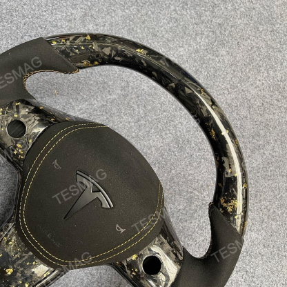 2021-2024 Tesla Model 3/Y 24 Karat Steering Wheel - Forged Carbon with Gold Flakes and Alcantara
