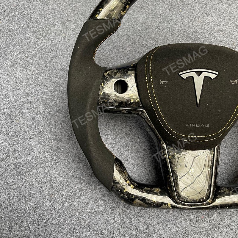 2021-2024 Tesla Model 3/Y 24 Karat Steering Wheel - Forged Carbon with Gold Flakes and Alcantara