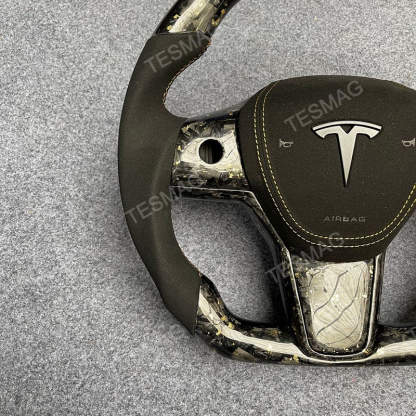 2021-2024 Tesla Model 3/Y 24 Karat Steering Wheel - Forged Carbon with Gold Flakes and Alcantara