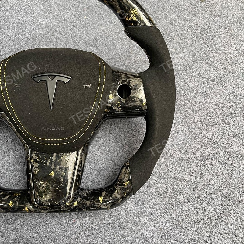 2021-2024 Tesla Model 3/Y 24 Karat Steering Wheel - Forged Carbon with Gold Flakes and Alcantara