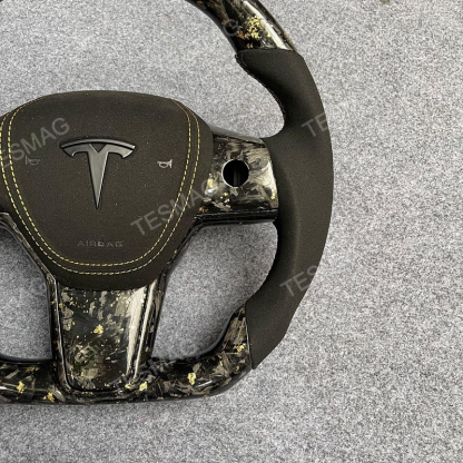 2021-2024 Tesla Model 3/Y 24 Karat Steering Wheel - Forged Carbon with Gold Flakes and Alcantara