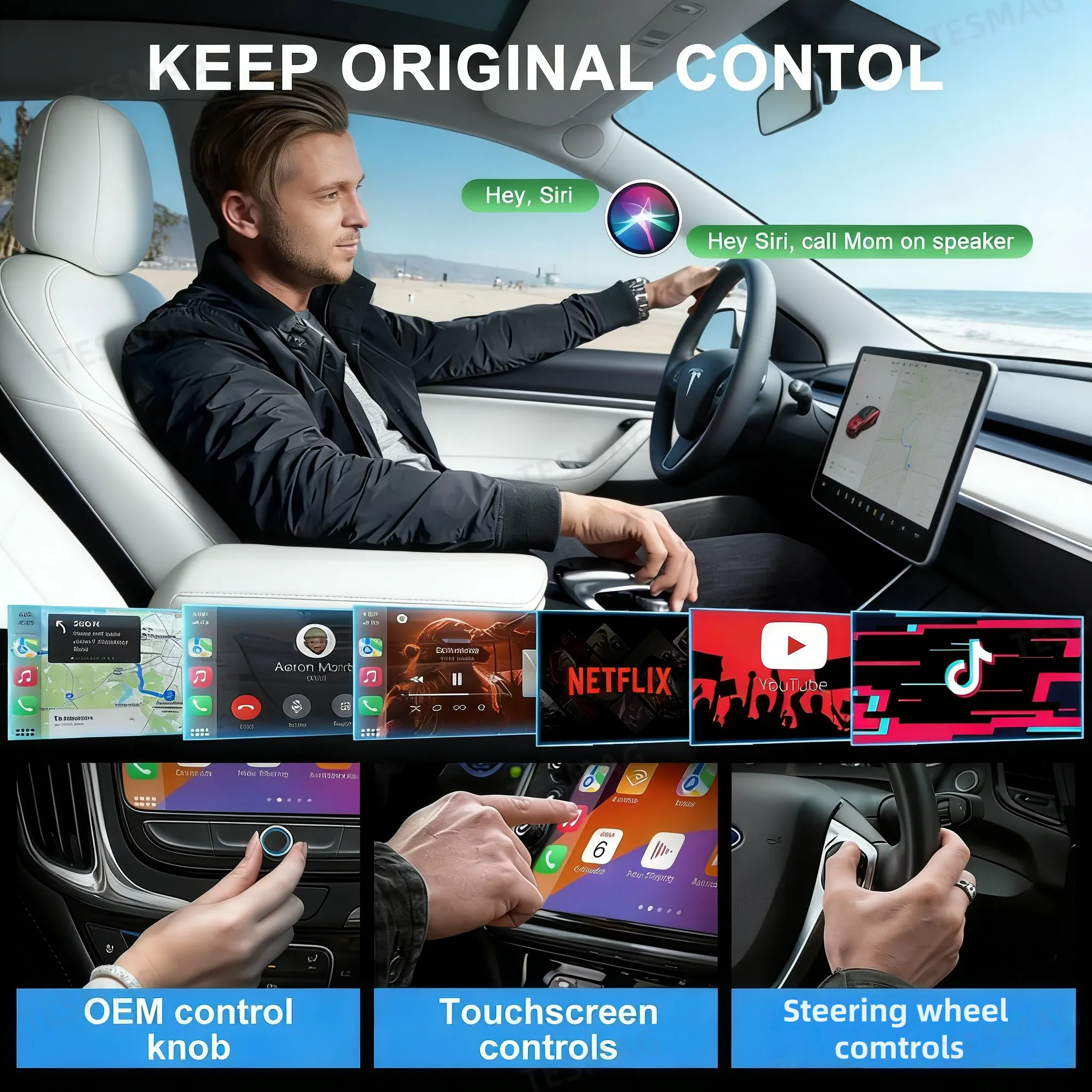 Wireless CarPlay & Android Auto Adapter AI Box for Tesla Model 3 / Y / S / X / Cybertruck