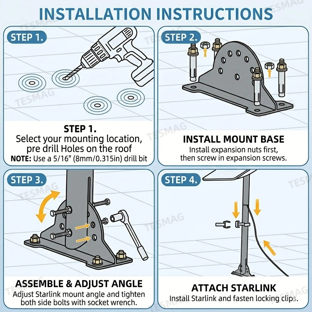 Starlink Gen 3 Roof Mount & Pipe Adapter for RV, Camper, Yacht – Adjustable Pivot Bracket