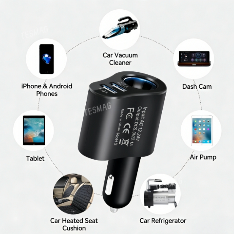 3-in-1 USB Car Charger Adapter Cigarette Lighter 120W Fast Charging for Tesla