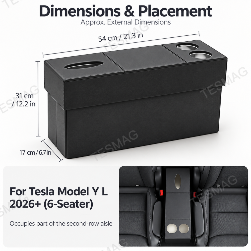 54 × 17 × 31 cm dimensions and second-row placement of a Tesla Model YL aisle organizer