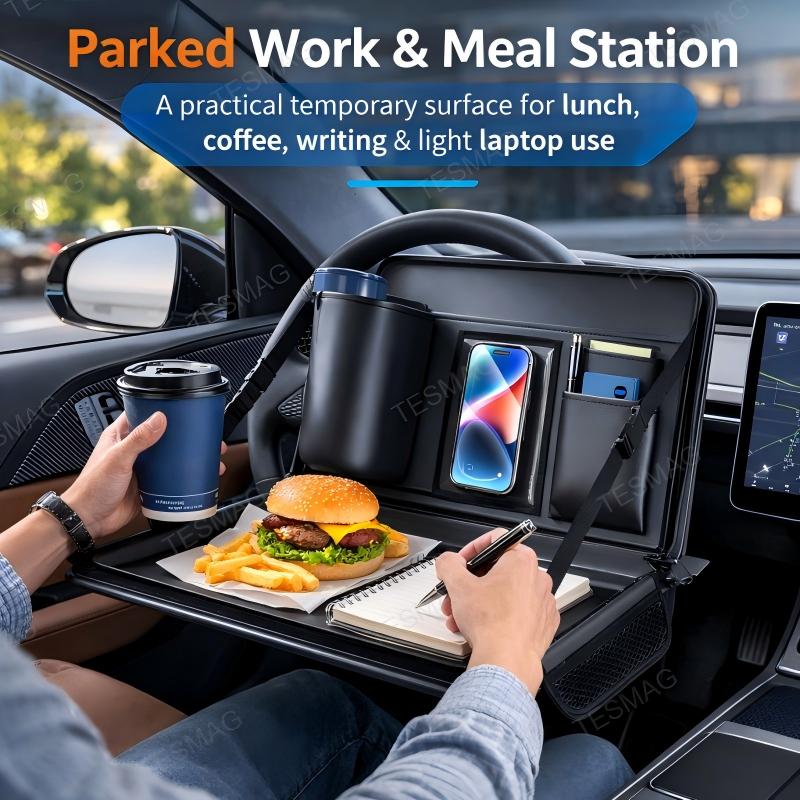Tesla 2-in-1 Foldable Steering Wheel & Backseat Tray Organizer | Multi-Use Car Table