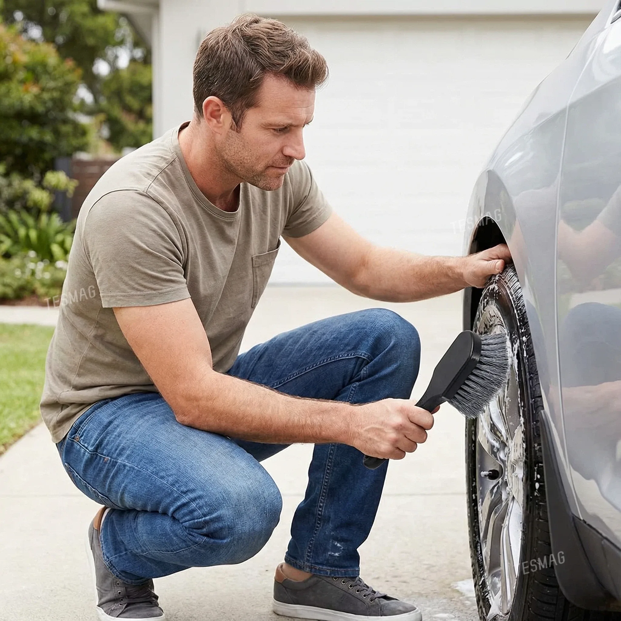 Car Wheel Tire Cleaning Brush Short Handle Tire Brush for Tesla Model 3/Y/S/X