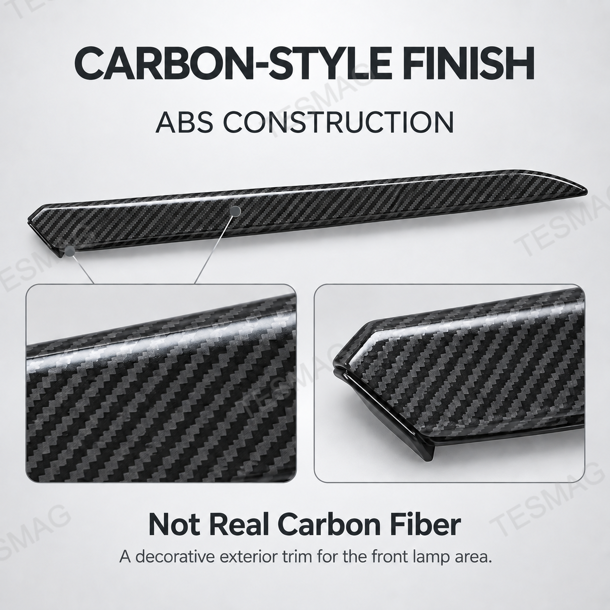 ABS carbon-style front lamp trim with close-up weave detail for Model Y Juniper