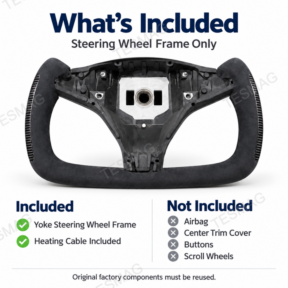 Alcantara yoke steering wheel frame with included and excluded components listed