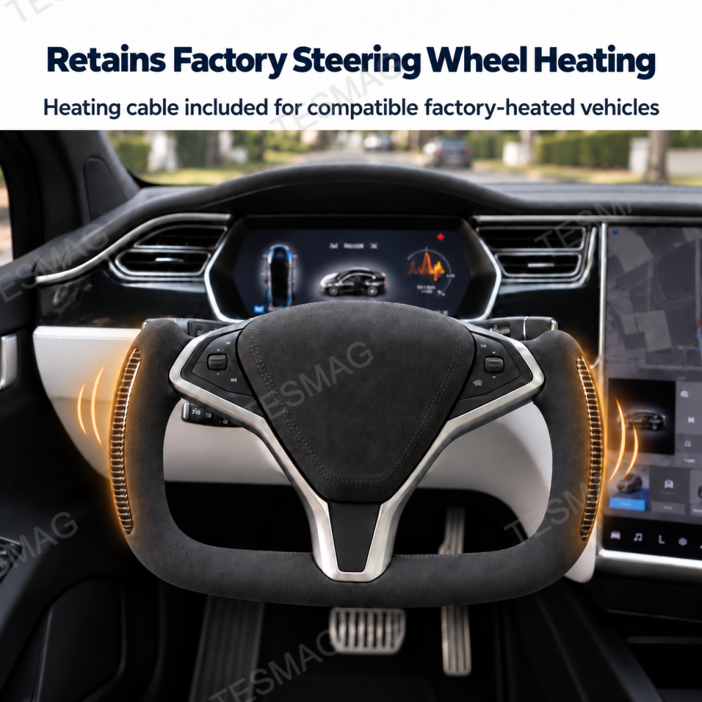 Alcantara yoke steering wheel with illustrated warming around both grip areas