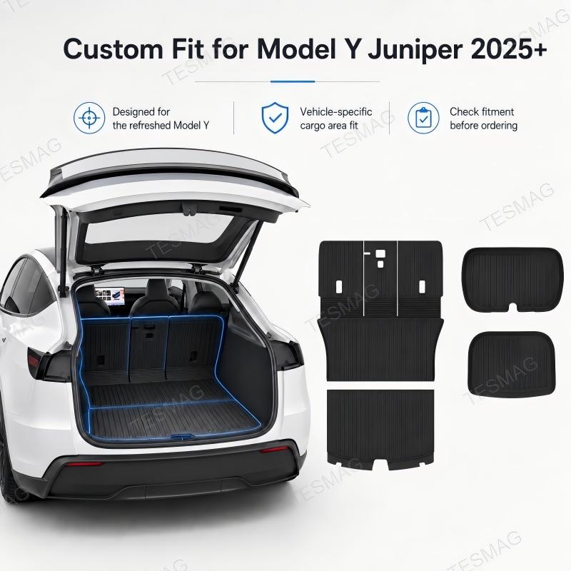 All-Weather TPE Trunk Mat Set with Split Seat Back Protectors for Tesla Model Y Juniper 2025+ 