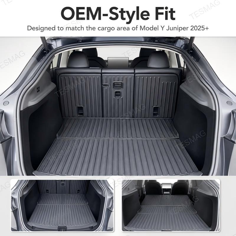All-Weather TPE Trunk Mat Set with Split Seat Back Protectors for Tesla Model Y Juniper 2025+ 