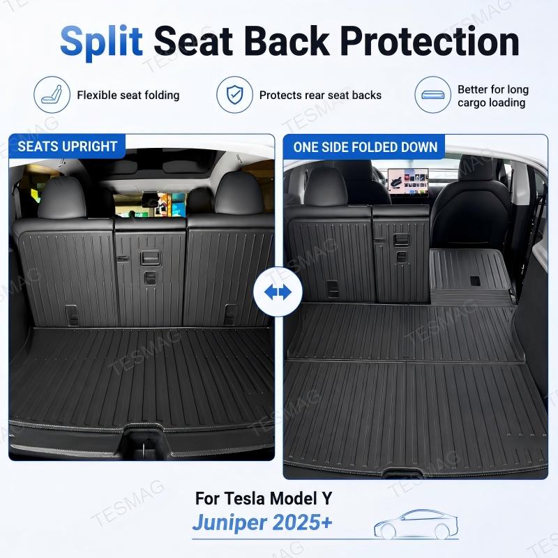 All-Weather TPE Trunk Mat Set with Split Seat Back Protectors for Tesla Model Y Juniper 2025+ 