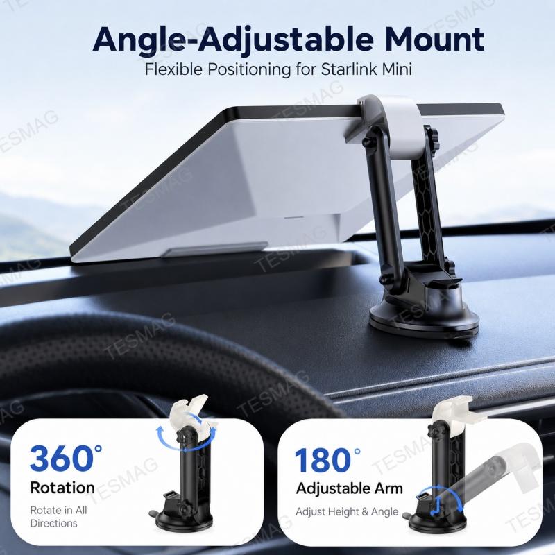 Angle-Adjustable Dashboard Suction Cup Mount for Starlink Mini – 360° Rotating Vehicle Stand